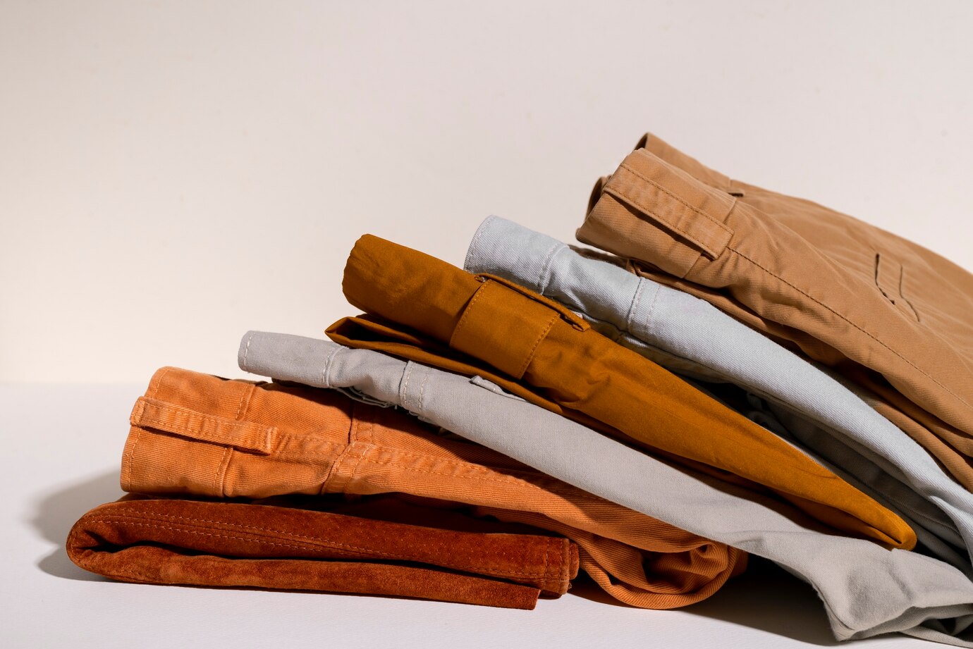 clothing rack displays a pastel pink trousers