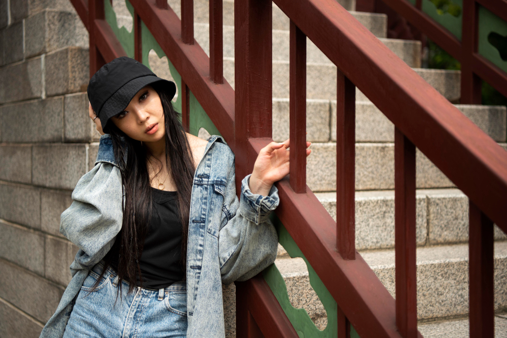 A person in a denim jacket and black hat leans against a red wooden railing, set against a stone staircase.