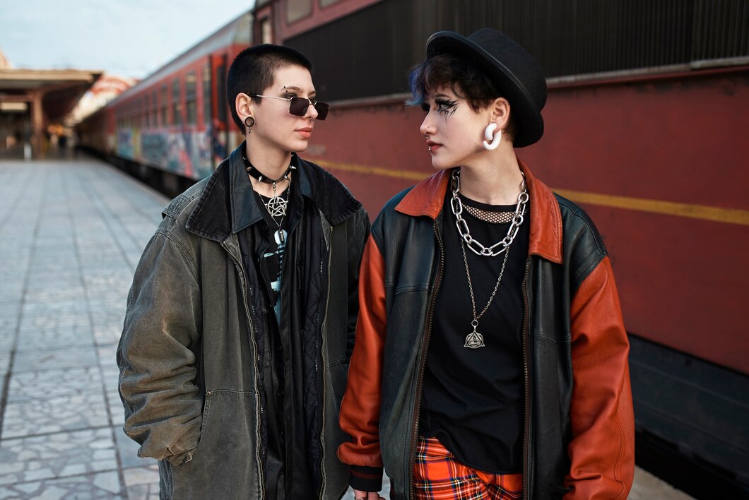 Two individuals stand at a train station, showcasing alternative fashion with oversized jackets, chains, and striking accessories.