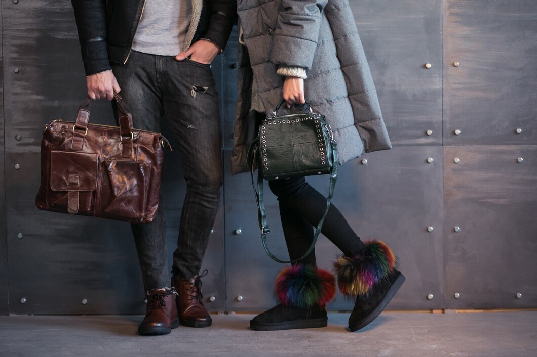 A stylish couple stands against a textured wall, showcasing trendy bags and colorful winter footwear.