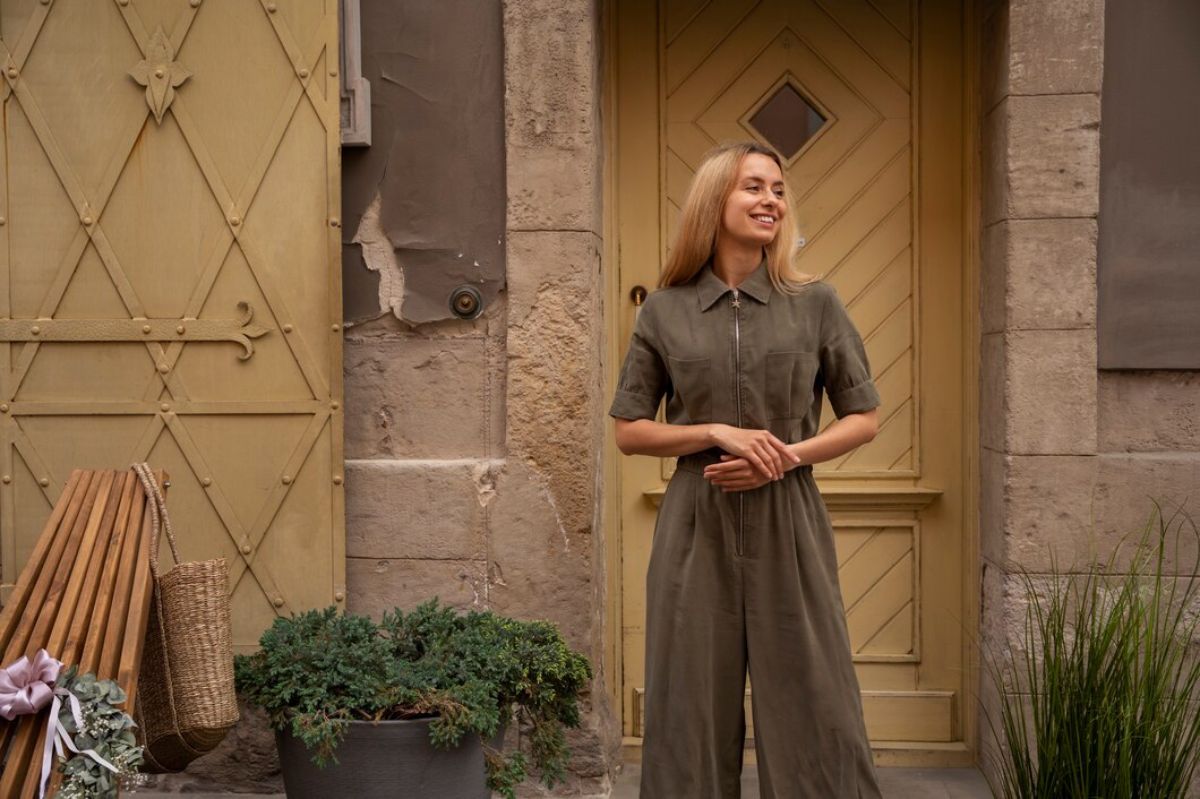 A woman stands outside a rustic yellow door, wearing a stylish olive green jumpsuit, surrounded by wooden planks.