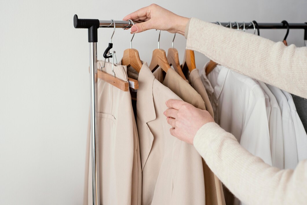 A person in a light sweater adjusts blazer on a clothing rack filled with various garments on wooden hangers.