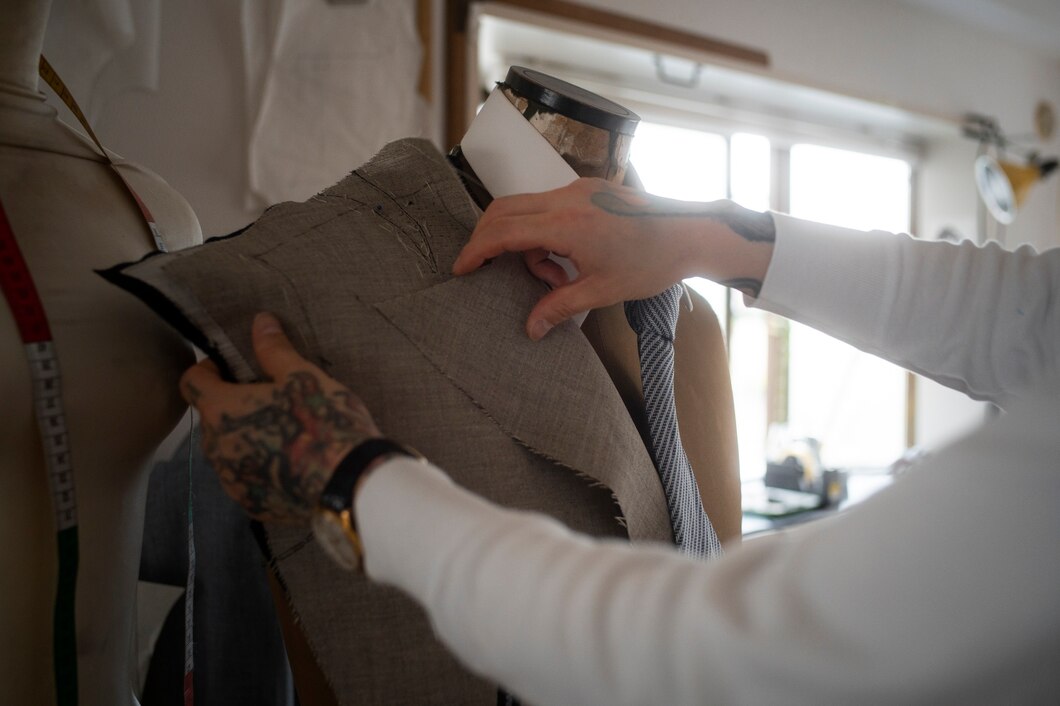 A designer adjusts a garment on a dress form in a well-lit workshop, showcasing fabric details.