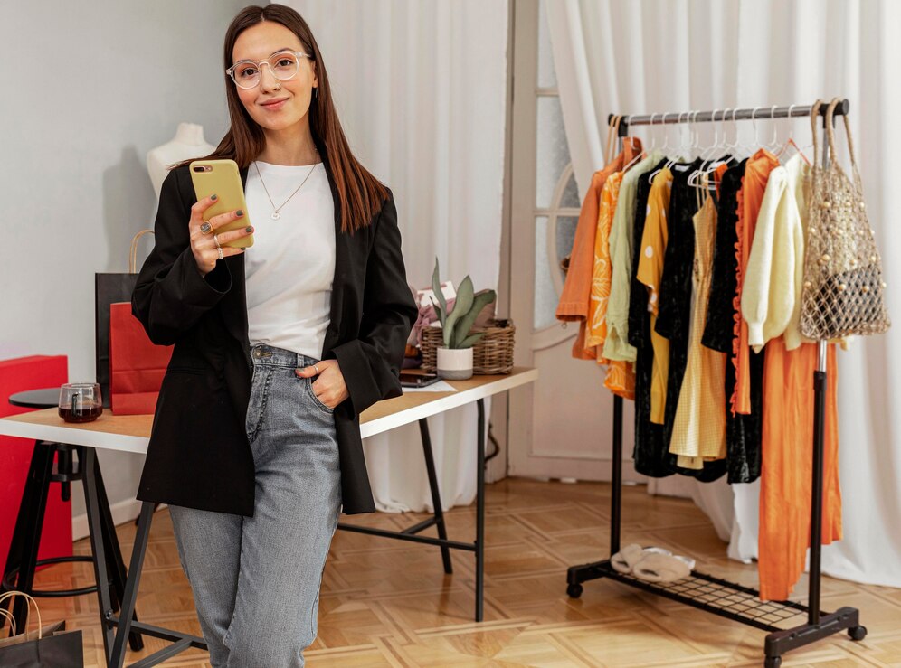 A woman in a black blazer holds a phone in a stylish room with colorful clothing on racks.