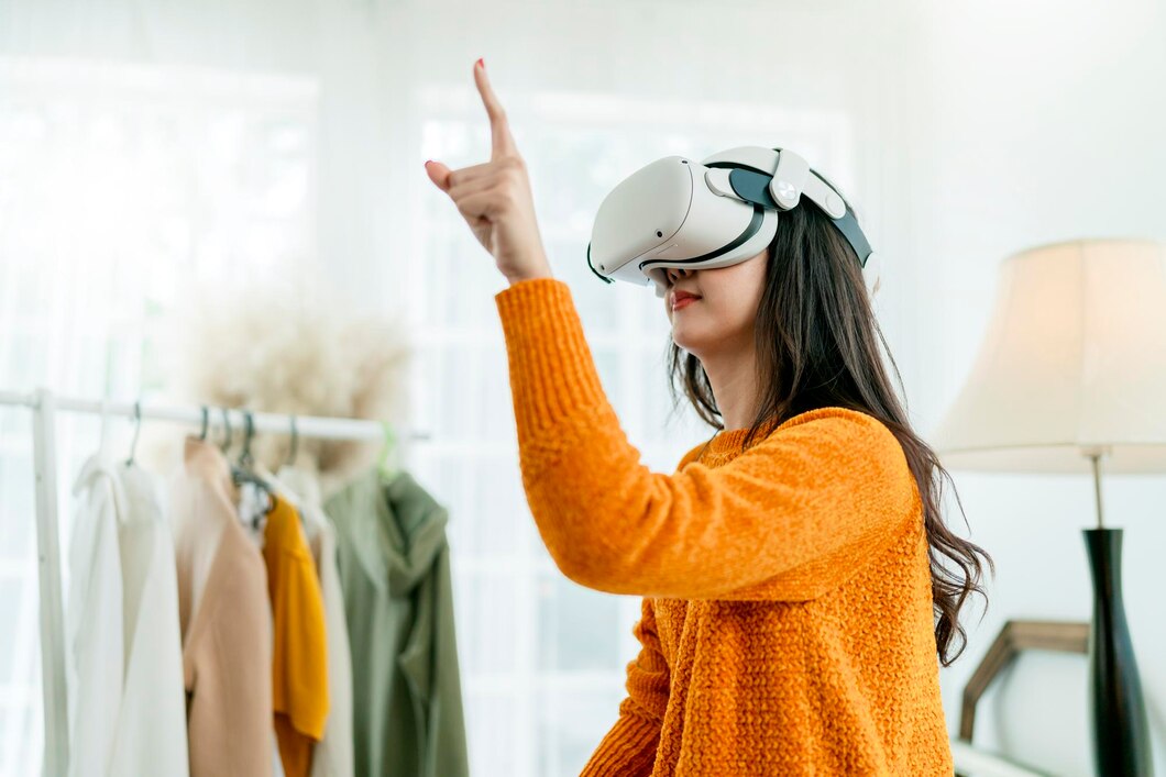 A person wearing a VR headset and immersed in virtual reality, standing near a clothing room.
