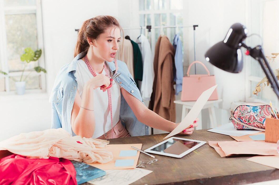 A designer examines fabric samples and patterns on a wooden table, surrounded by clothing and design tools.