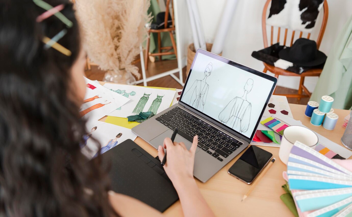 A fashion designer sketches digital designs on a laptop, surrounded by fabric , color palettes, and sketches.