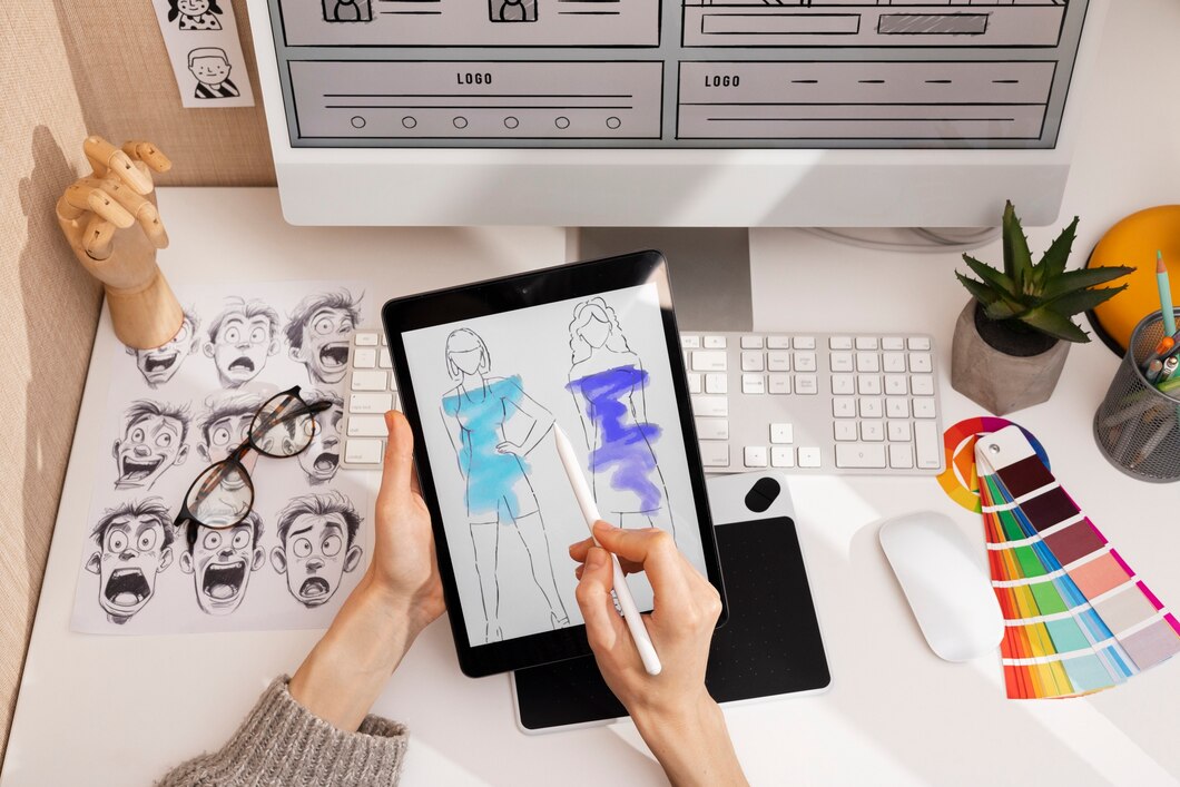 A hand holding a stylus draws fashion sketches on a tablet, surrounded by colorful design tools and a computer setup.