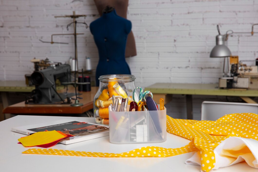A workspace featuring a dress form, a jar of yellow thread spools, tools, and polka dot fabric on a table.