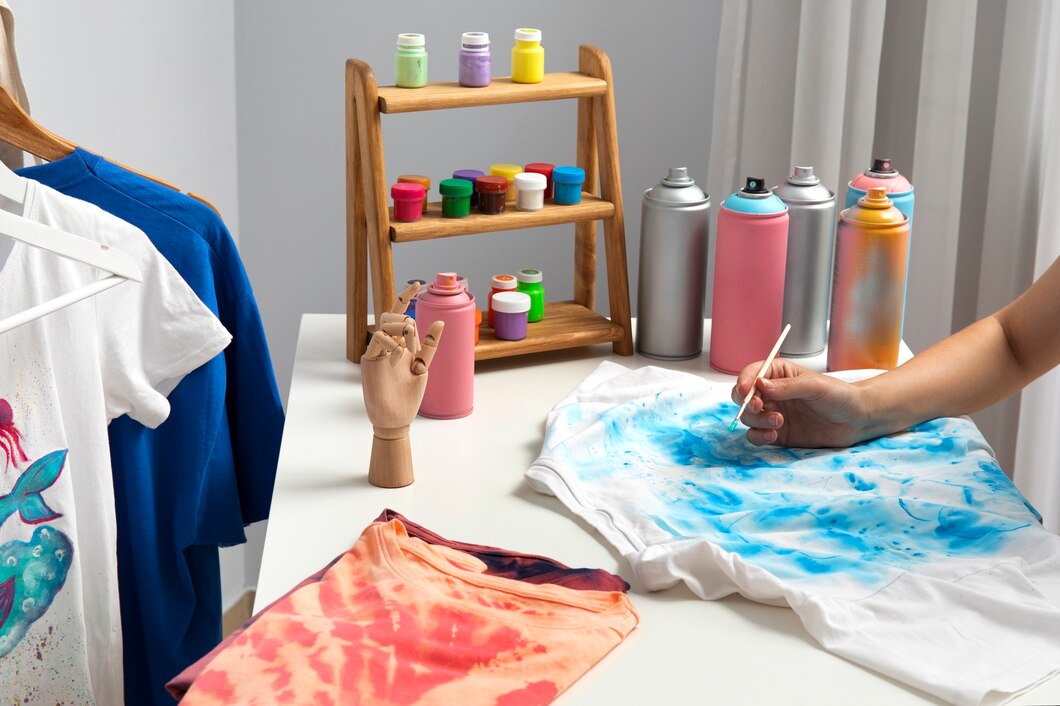 A person decorates a white T-shirt with blue paint, surrounded by colorful paint containers and painted shirts on a table.