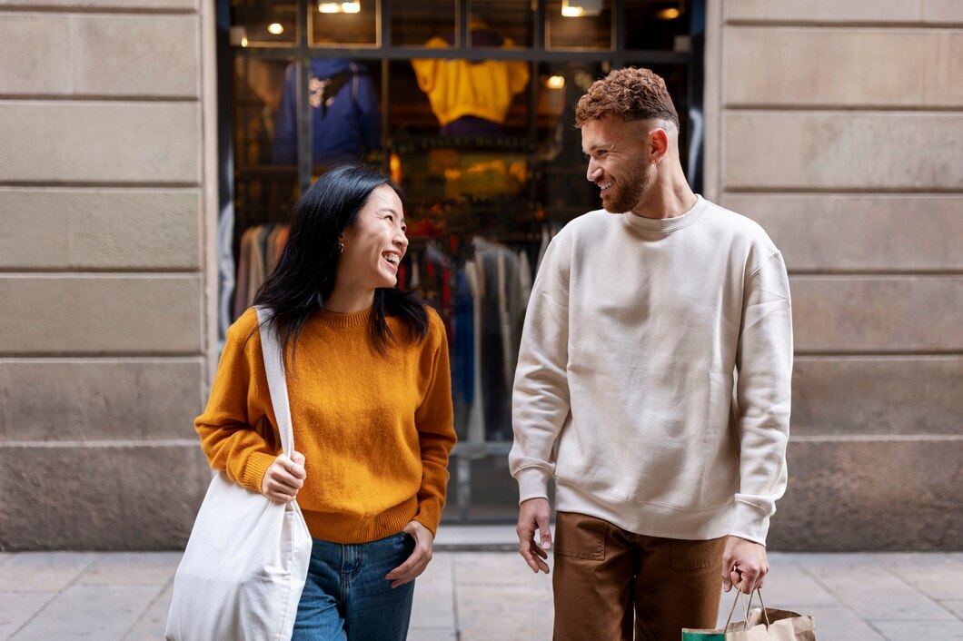 A woman in a mustard sweater and a man in a cream sweatshirt stroll together, carrying shopping bags.
