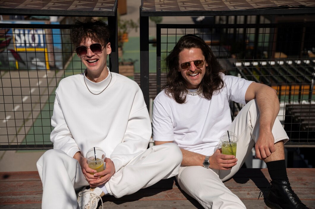  Two individuals dressed in all-white outfits, each holding a refreshing drink in a sunny urban setting.
