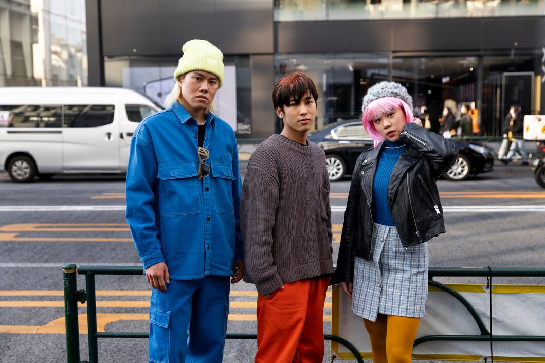  Three fashionably dressed individuals stand on a bustling street, showcasing vibrant outfits amidst busy urban scenery.