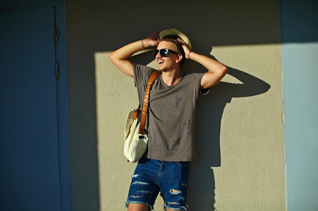  A person poses wearing a gray shirt with cross designs and distressed denim shorts, holding a white bag.