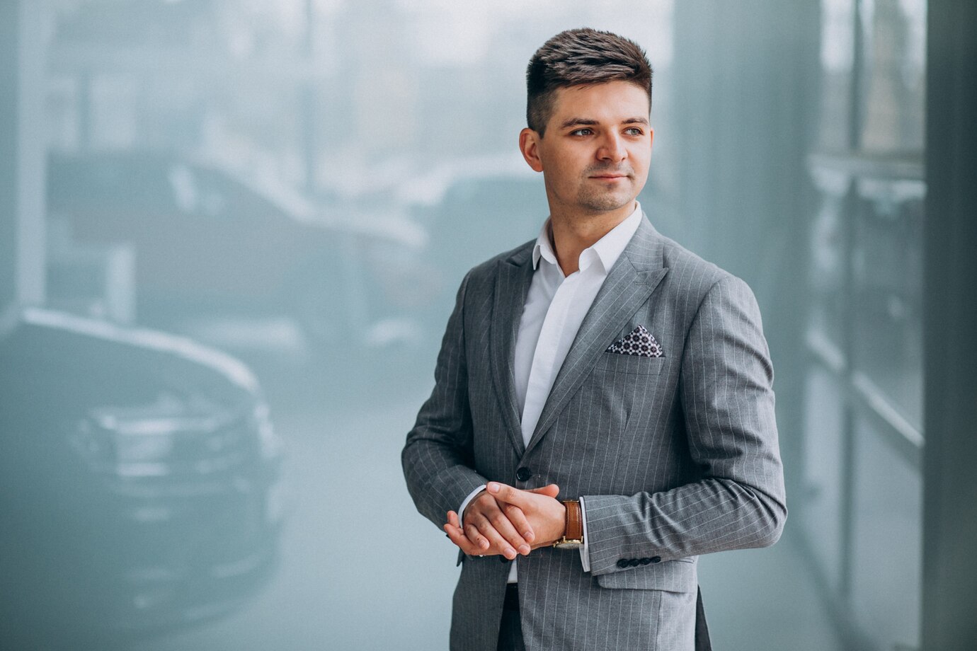 man in a tailored gray pinstripe suit stands confidently