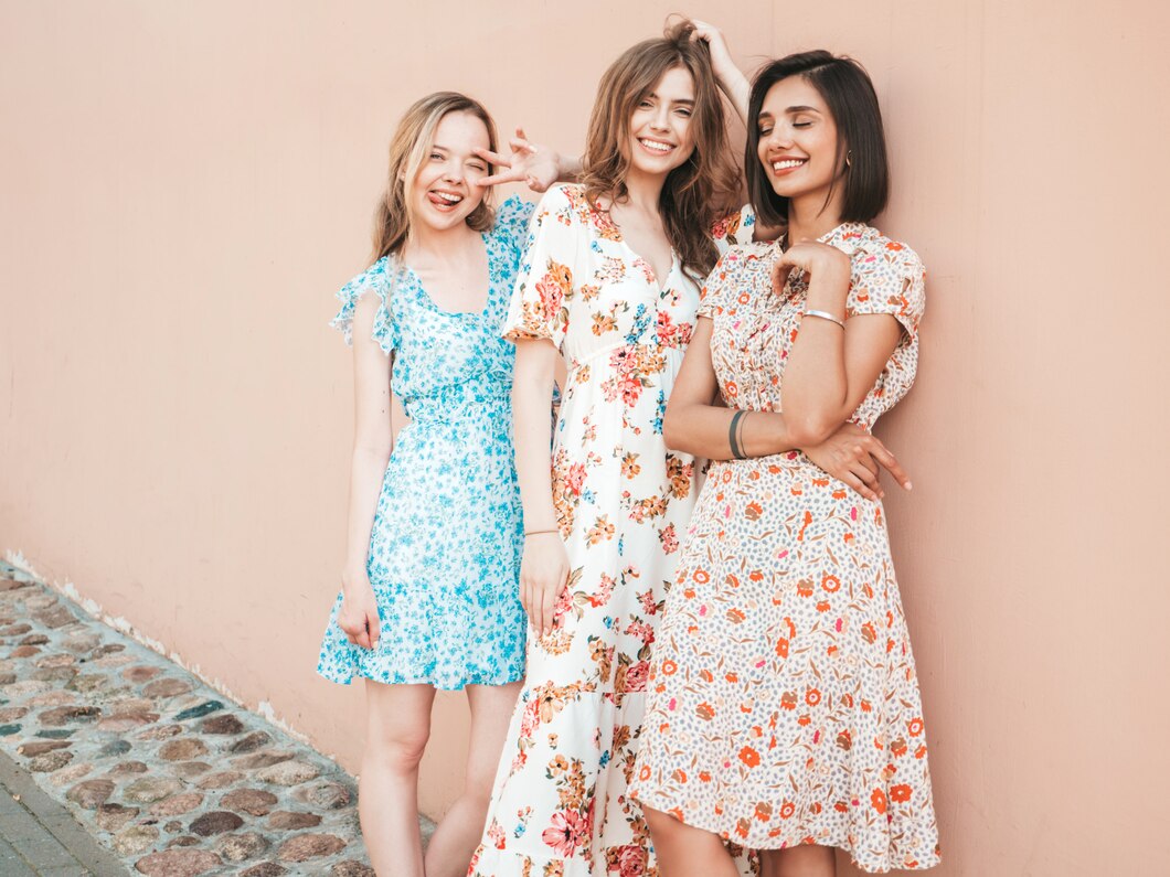 beautiful smiling girls in trendy summer sundress