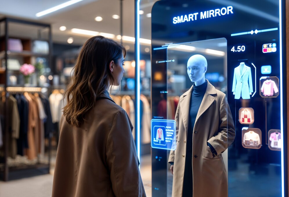 Woman in a coat looking at a smart mirror displaying digital information and a mannequin in a clothing store.