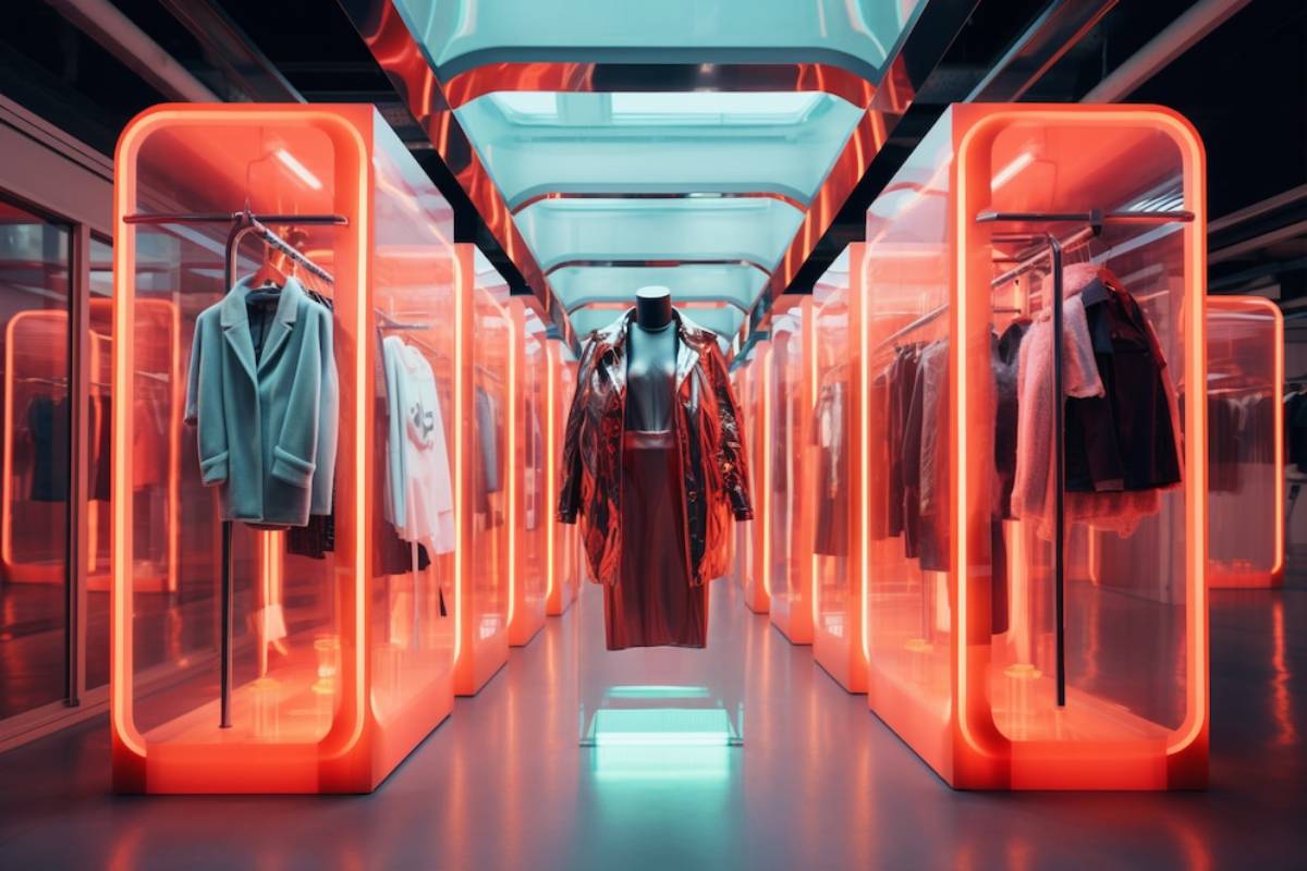 Futuristic clothing store with illuminated red transparent booths displaying various outfits in a sleek, modern setting.